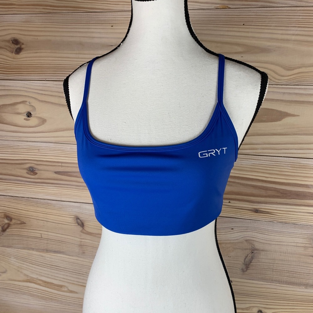 GRYT Sports Bra Women Large Blue Strappy Back Scoop Neck Athletic Yoga Top